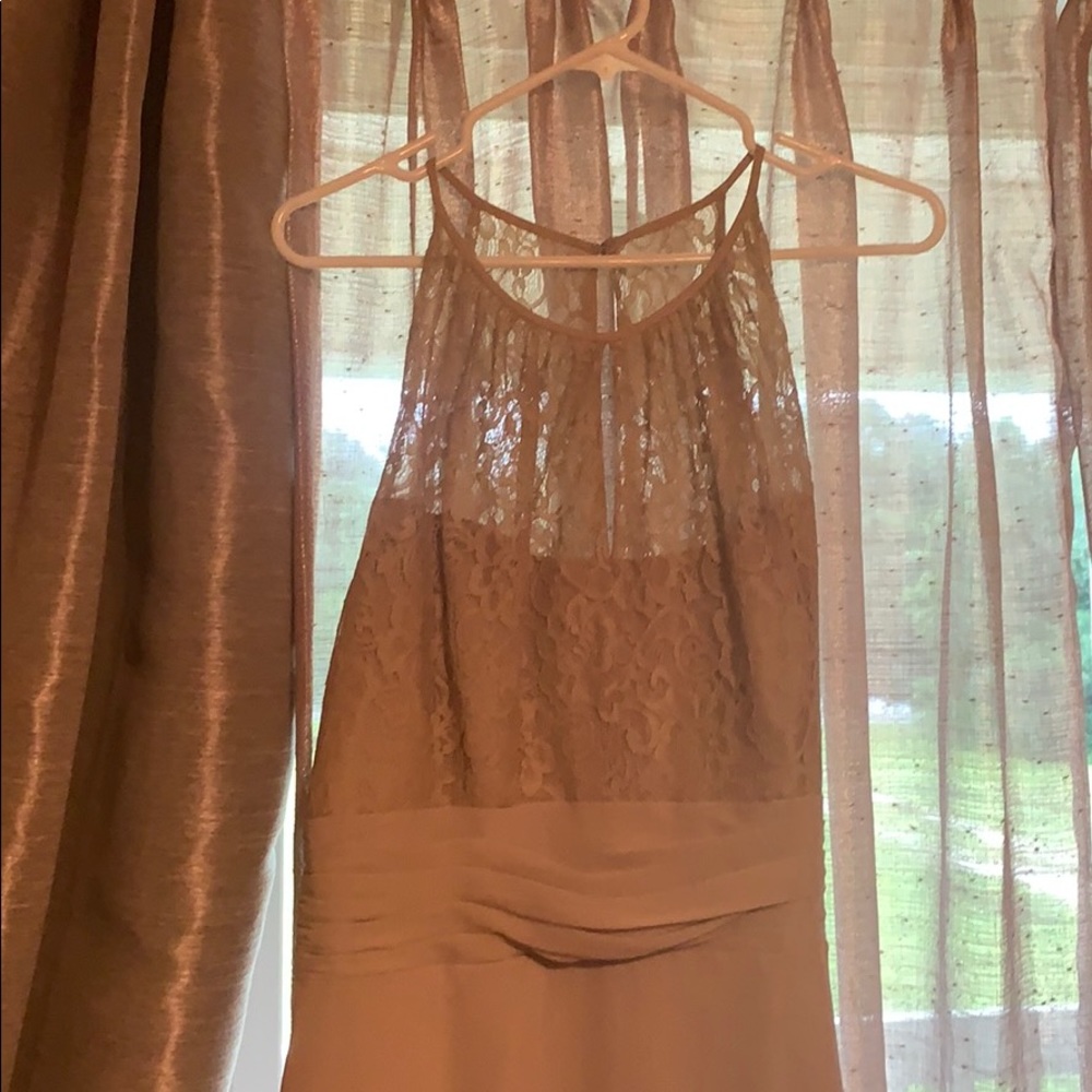 Long tan bridesmaid dress with lace peep hole top